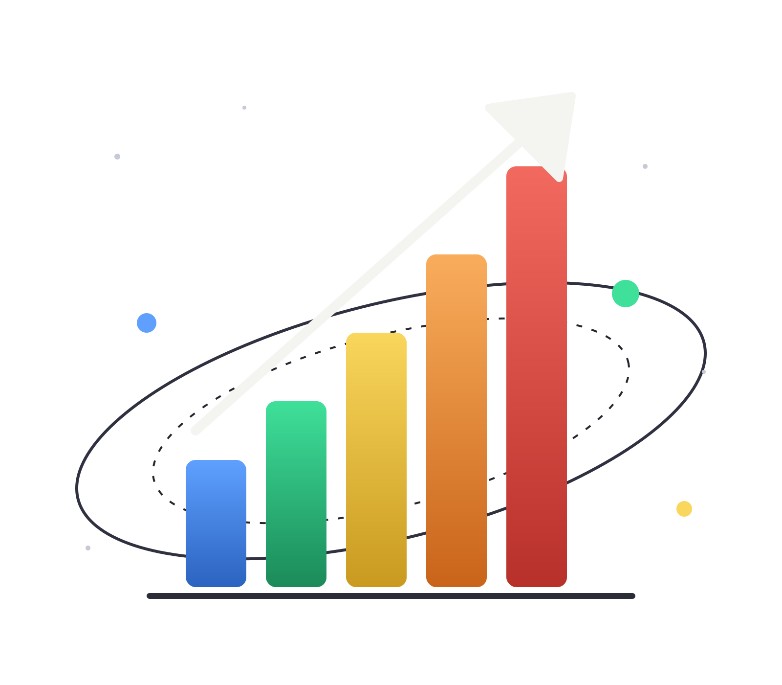 Growth bars rising into an upward arrow inside an orbit